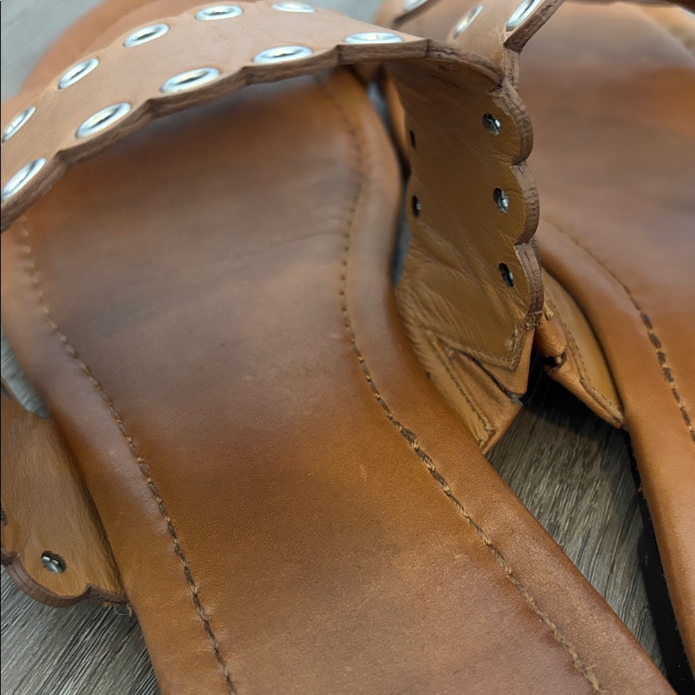 Paige Devyn Scalloped Grommet Slide Sandal Honey Brown Leather, Cottagecore - Picture 8 of 10